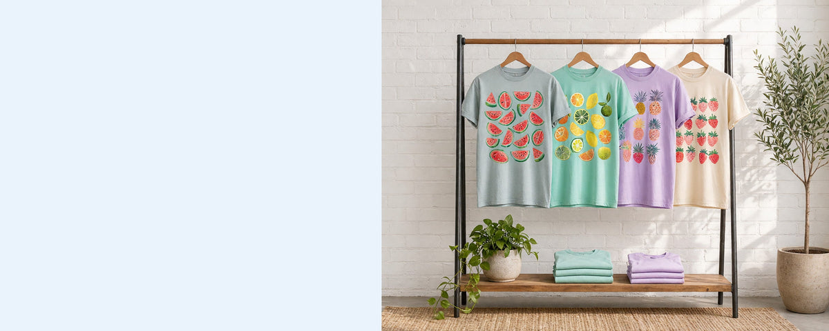 4 printed garment-dyed cotton t-shirts on wooden hangers on a wood and iron clothing rack against a sunlit white brick wall, with an olive tree, trailing pothos and folded tees on the shelf below