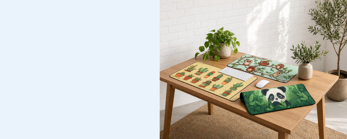 Three printed neoprene desk mats on a tidy desk against a sunlit white brick wall, one in use under a keyboard, one lying flat beside it and one loosely rolled on the desk, with an olive tree
