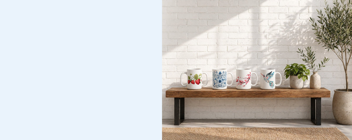 Four printed ceramic coffee mugs in a row on a wooden console table against a sunlit white brick wall, with a pothos plant, an olive branch in a vase and an olive tree