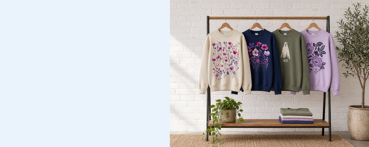 4 printed crewneck sweatshirts on wooden hangers on a wood and iron clothing rack against a sunlit white brick wall, with an olive tree, trailing pothos and folded tees on the shelf below
