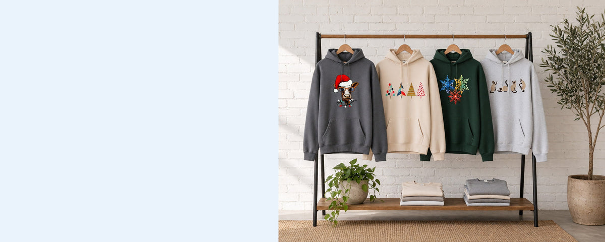 4 printed pullover hoodies on wooden hangers on a wood and iron clothing rack against a sunlit white brick wall, with an olive tree, trailing pothos and folded tees on the shelf below