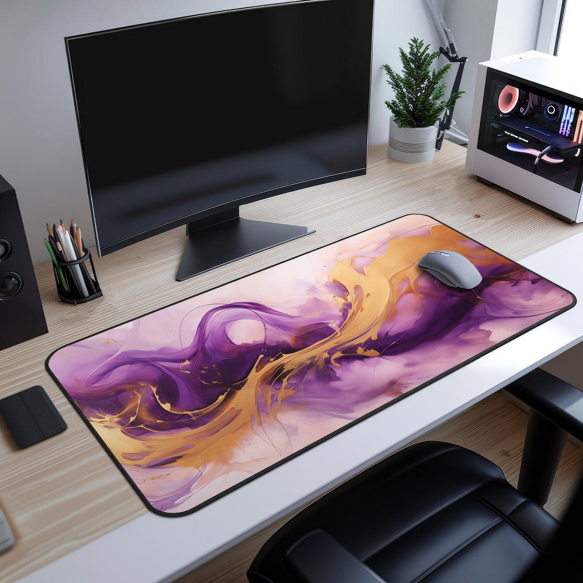 Abstract Purple And Gold Desk Mat on a wooden desk with monitor, mouse, plant and PC case from an angled view.