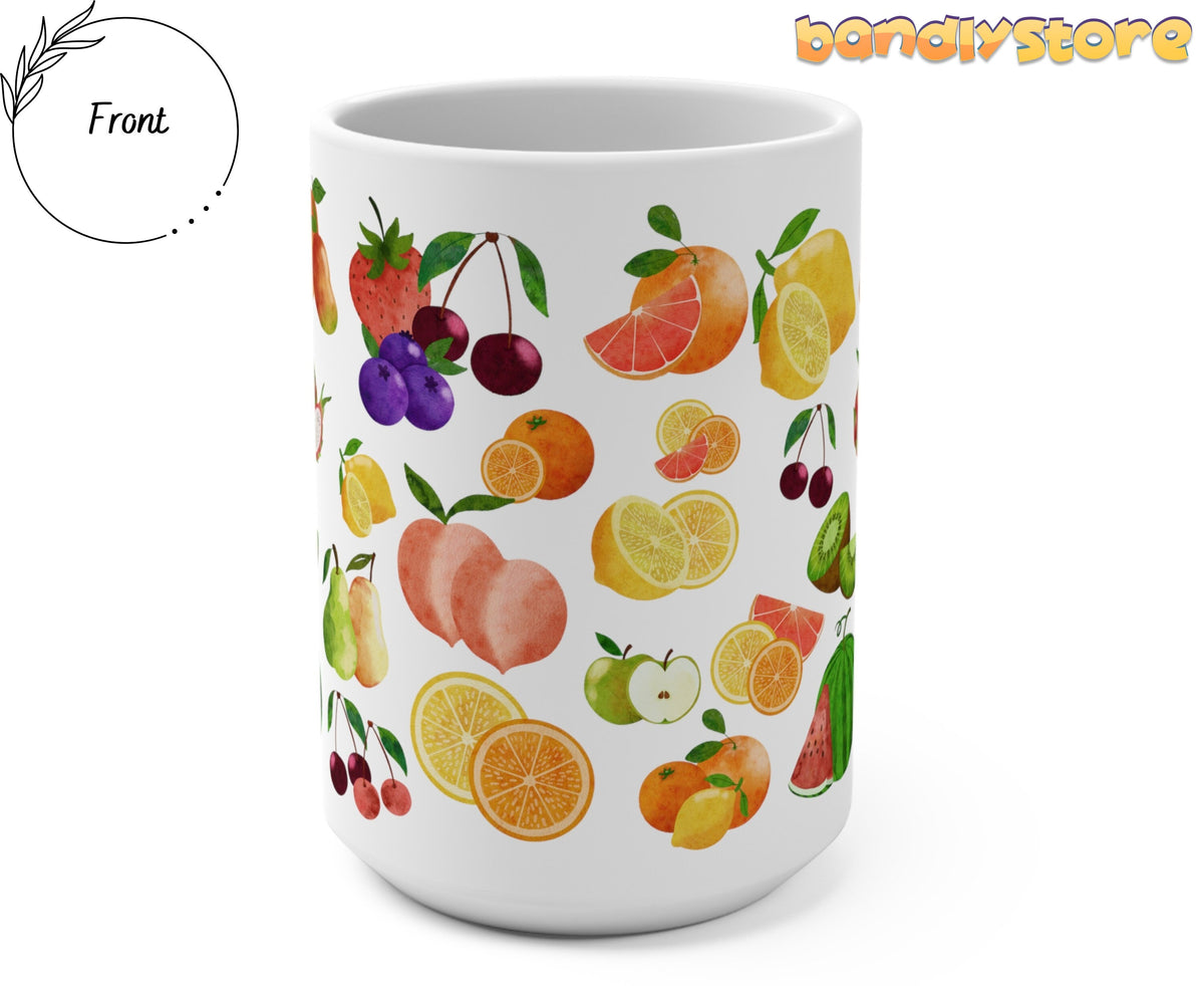 Assorted Fruit Mug front-facing on white background beside a Front label and store logo.