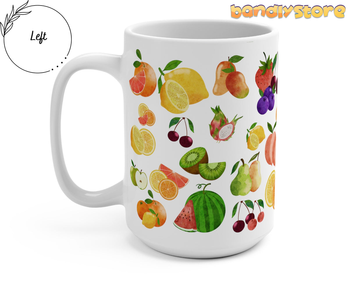 Assorted Fruit Mug angled on white background with left handle and fruit illustrations visible.