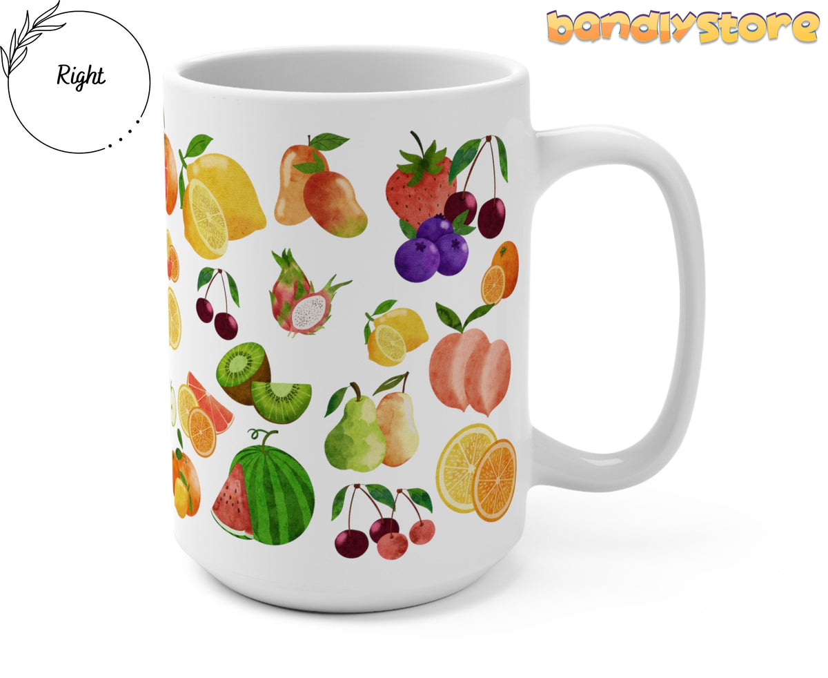 Assorted Fruit Mug angled to show right handle on plain white background beside Right label and bandystore logo.