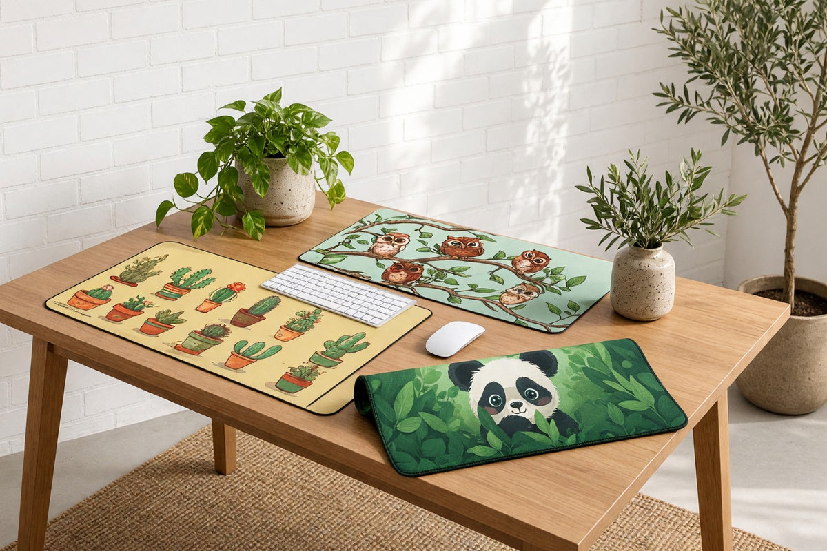 Cute cactus, owl and panda desk mats lying flat on a wooden desk against a sunlit white brick wall, one under a keyboard and one loosely rolled, with a pothos plant