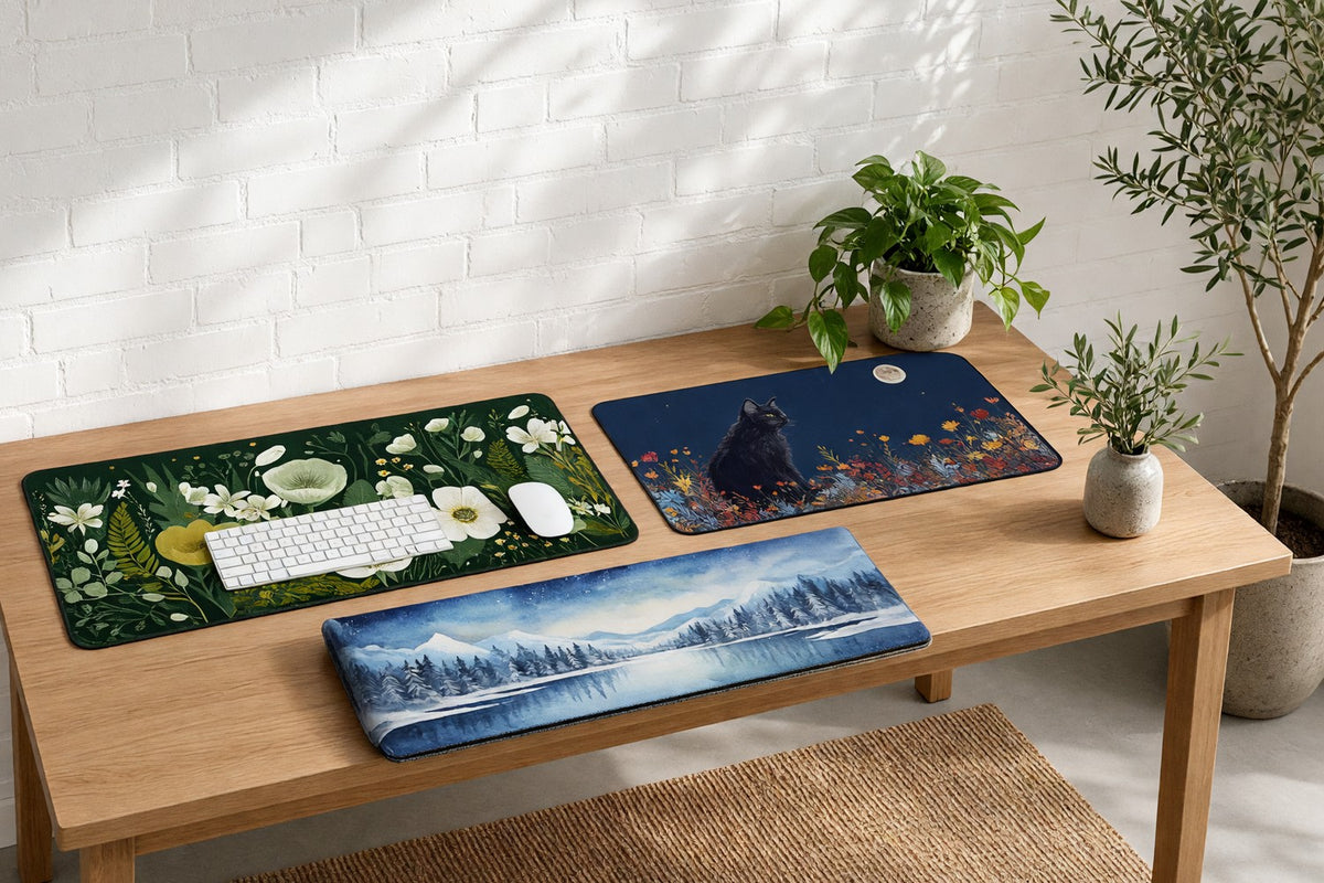 Dark floral, black cat and mountain desk mats lying flat on a wooden desk against a sunlit white brick wall, one under a keyboard and one loosely rolled, with a pothos plant