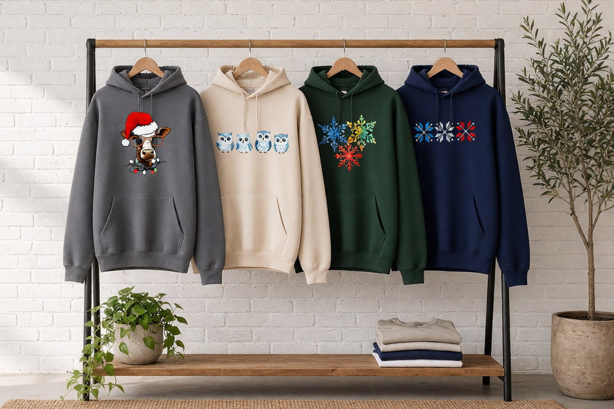 Four printed Christmas hoodies on wooden hangers on a wood and iron clothing rack against a sunlit white brick wall