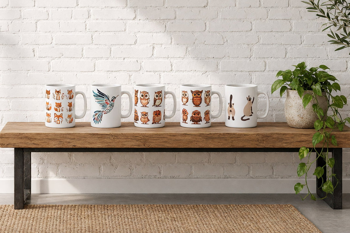 Four animal-print ceramic mugs on a wooden console table against a sunlit white brick wall