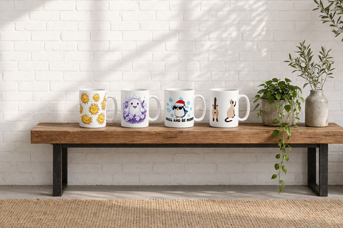 Four cute cartoon-print ceramic mugs on a wooden console table against a sunlit white brick wall