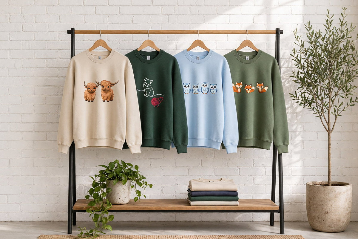 Four animal crewneck sweatshirts with highland cows, a line-art kitten, snow owls and foxes on wooden hangers on a wood and iron rack against a sunlit white brick wall