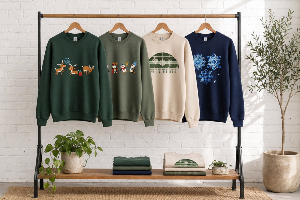 Four Christmas crewneck sweatshirts with reindeer, penguins, a retro tree and watercolor snowflakes on wooden hangers on a wood and iron rack against a sunlit white brick wall