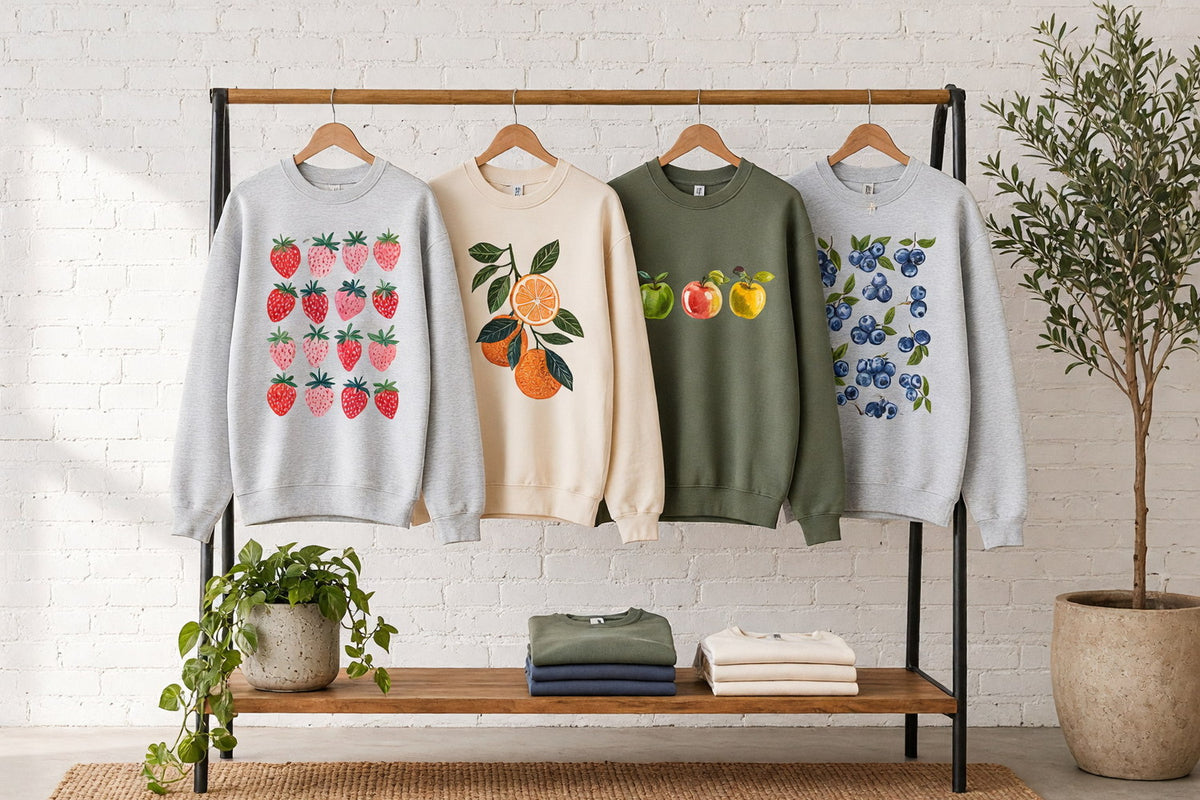 Four fruit crewneck sweatshirts with strawberries, oranges, apples and blueberries on wooden hangers on a wood and iron rack against a sunlit white brick wall