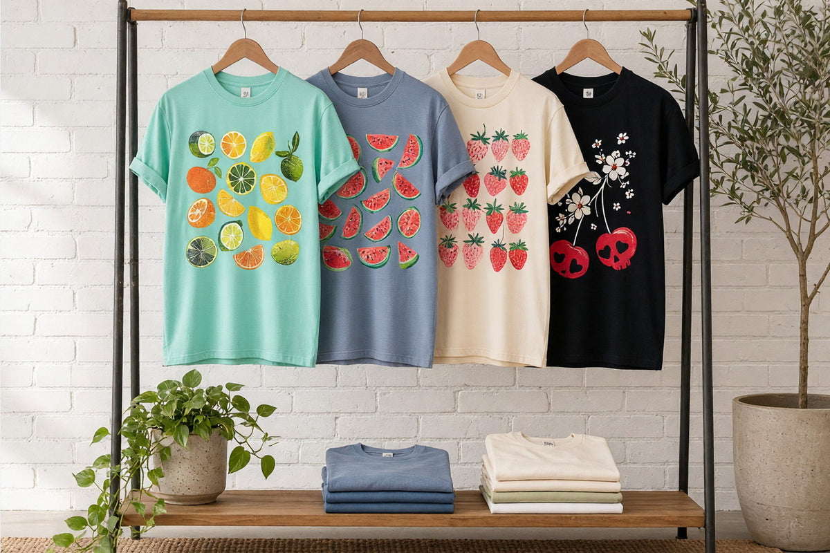 Fruit-design t-shirts and sweatshirts on wooden hangers on a clothing rack against a sunlit white brick wall