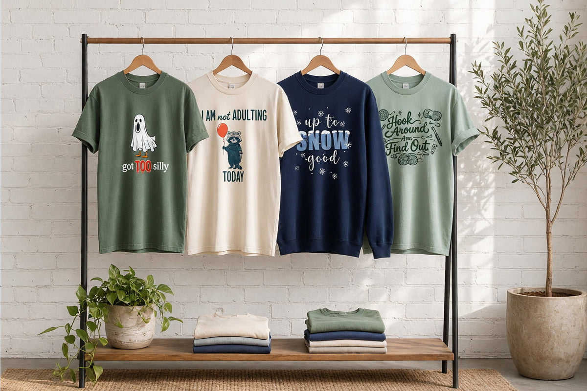 Funny-saying tees and sweatshirts on wooden hangers on a clothing rack against a sunlit white brick wall
