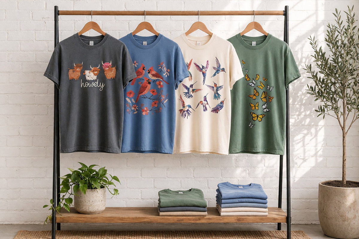 Four animal garment-dyed t-shirts with howdy highland cows, red cardinals, hummingbirds and monarch butterflies on wooden hangers on a wood and iron rack against a sunlit white brick wall