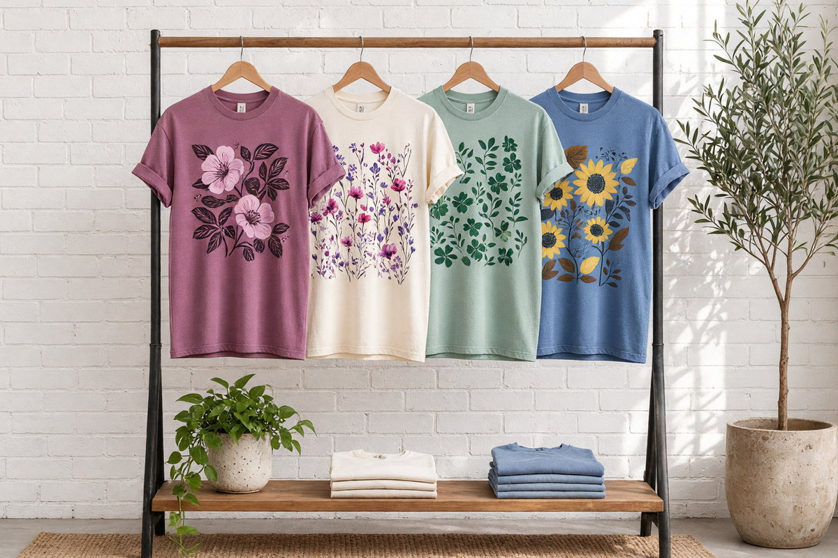 Four floral garment-dyed t-shirts with linocut flowers, pressed wildflowers, watercolor leaves and sunflowers on wooden hangers on a wood and iron rack against a sunlit white brick wall