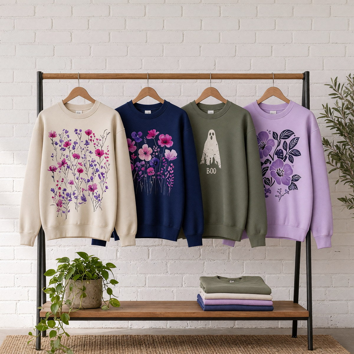 Four printed crewneck sweatshirts on wooden hangers on a wood and iron clothing rack against a sunlit white brick wall, empty wall above the rack