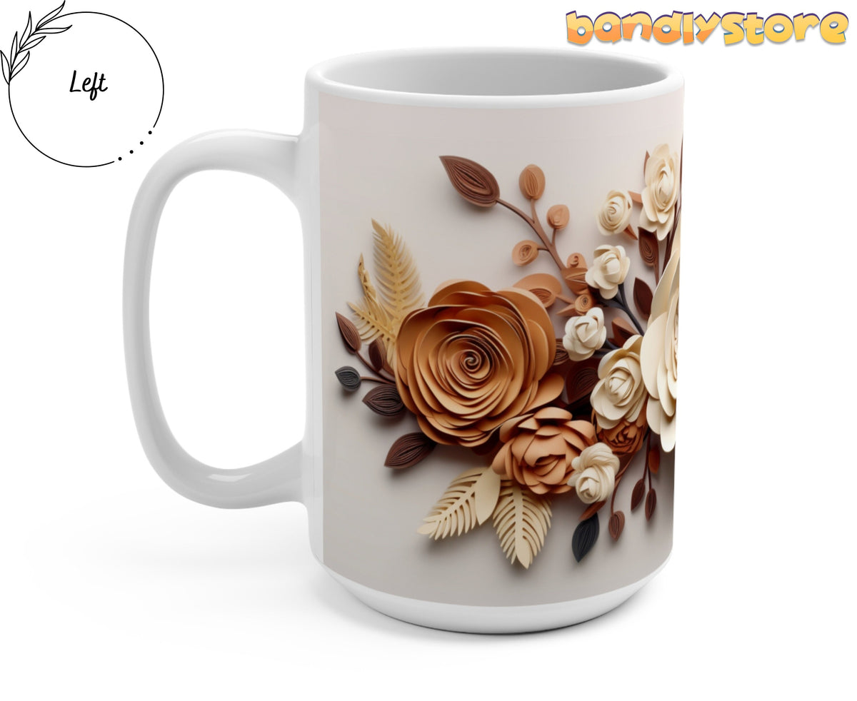 Beige Floral 3D Paper Art Mug on plain white background, side angle with handle at left.