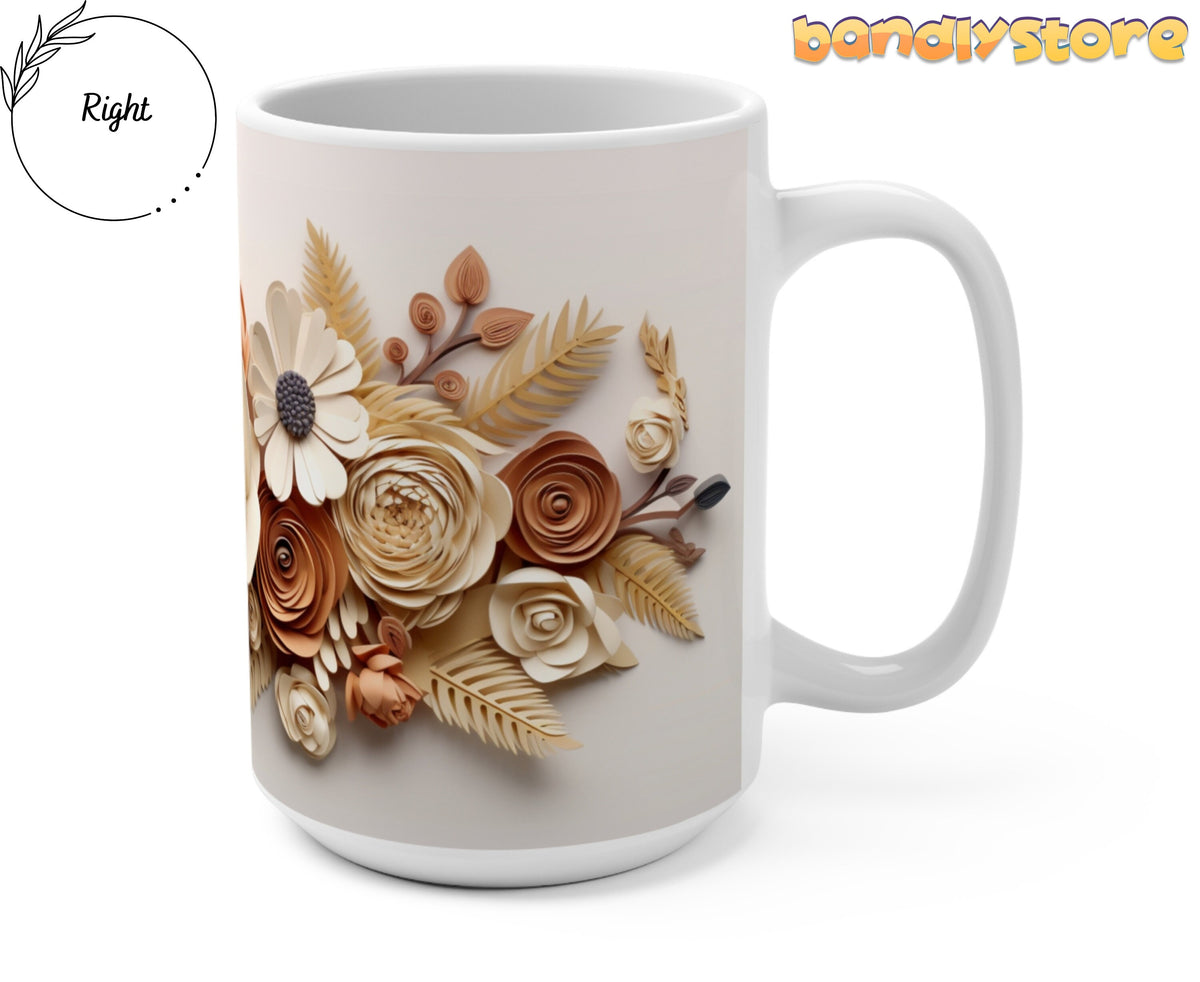 Beige Floral 3D Paper Art Mug side view on plain white background with handle on the right.
