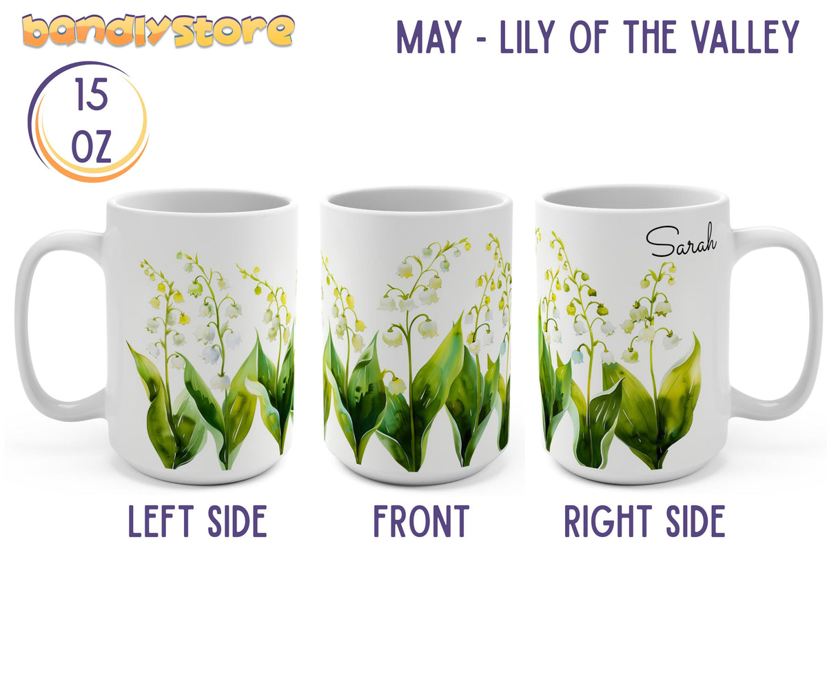 Personalized Birth Month Flower Mug showing three 15 oz white mugs with lily of the valley art labeled left, front and right.