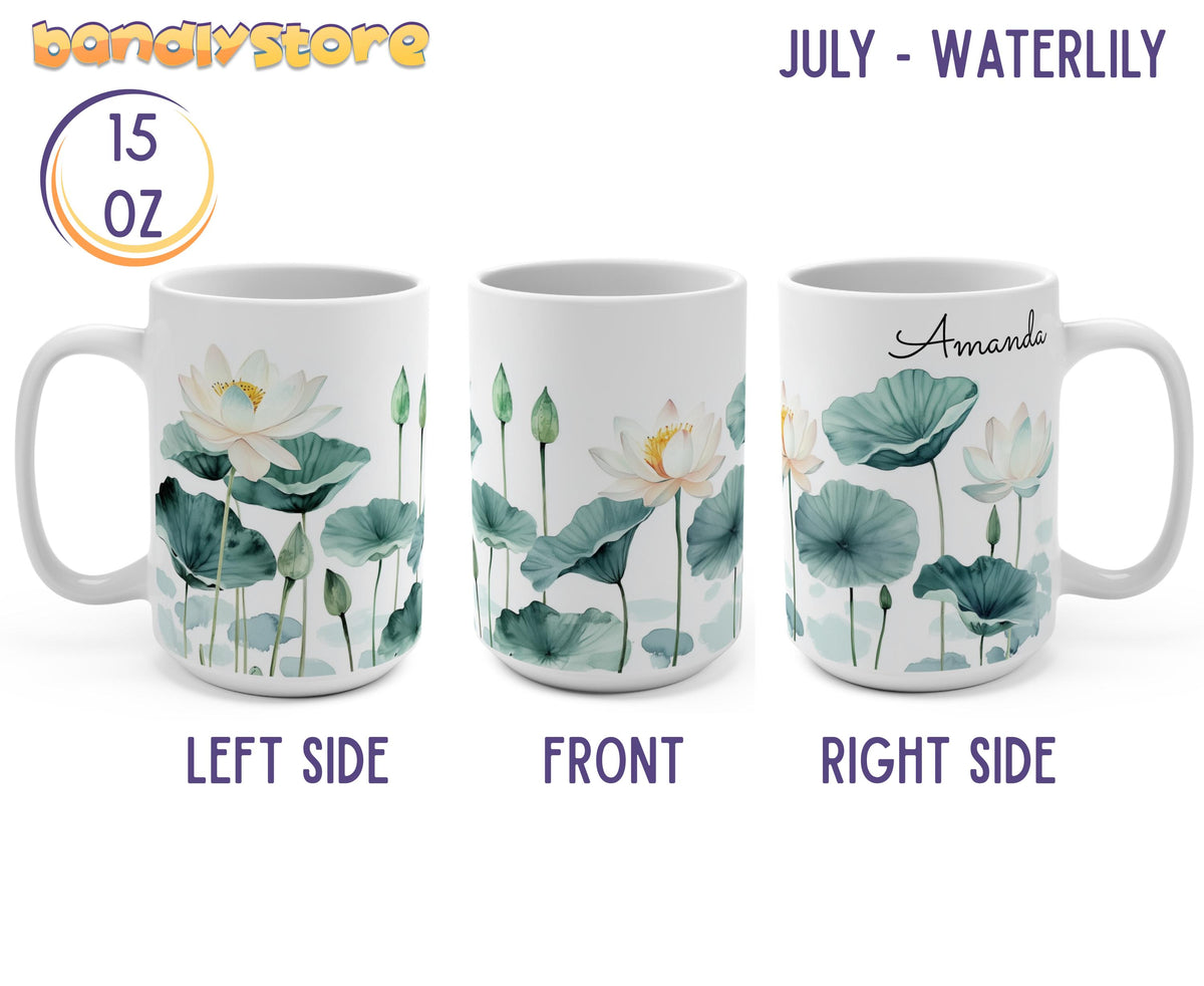 Personalized Birth Month Flower Mug in left, front and right views on plain white, 15 oz.