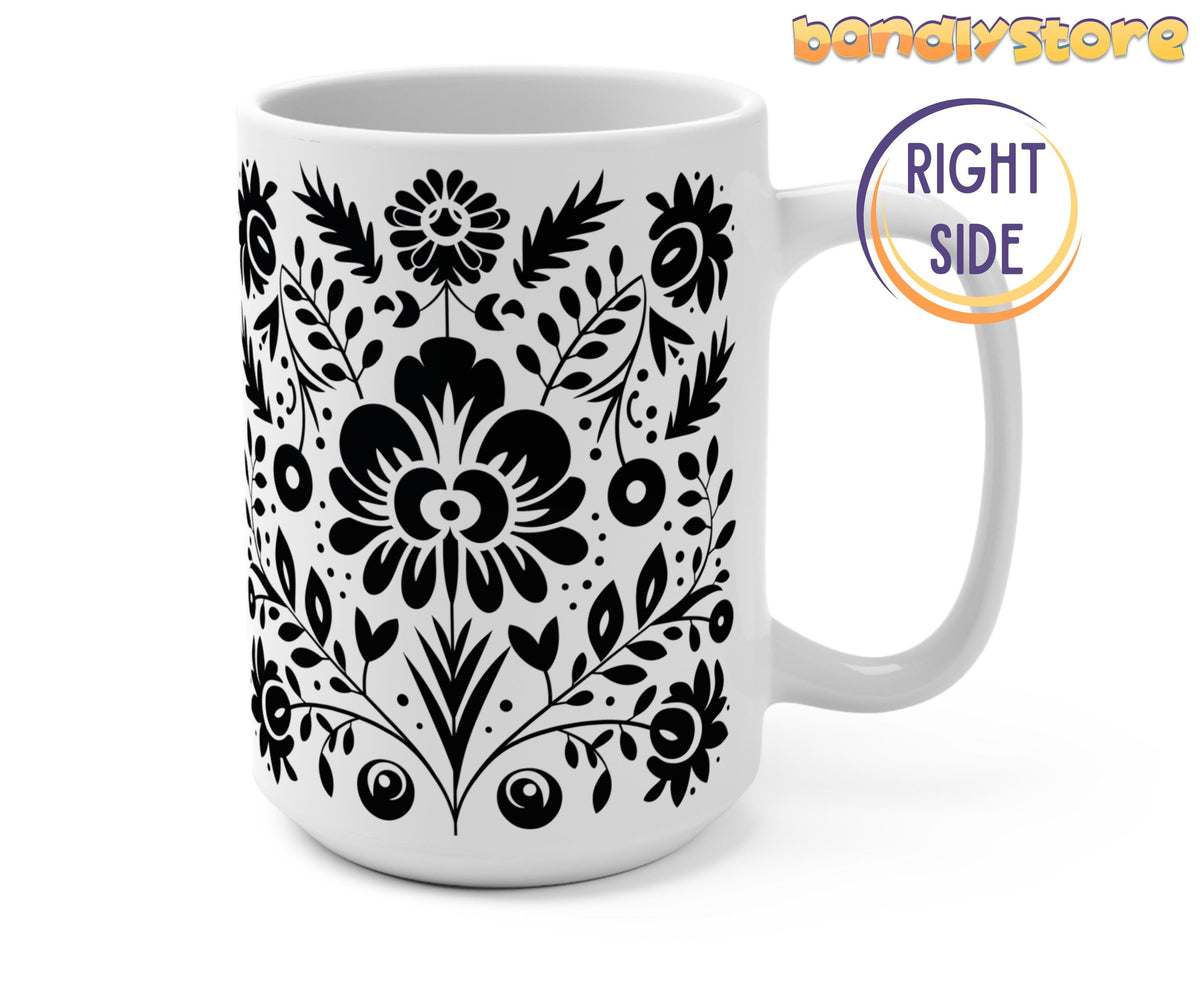Black and White Floral Mug shown from the right side on a plain white background with handle visible.