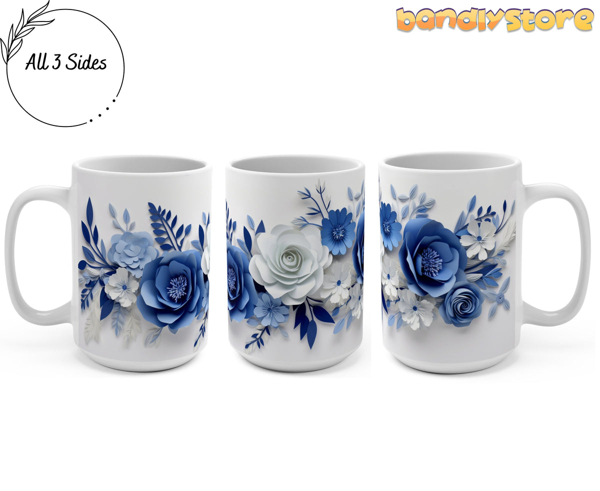Blue Floral 3D Paper Art Mug shown from all three sides on a white background, 15oz.
