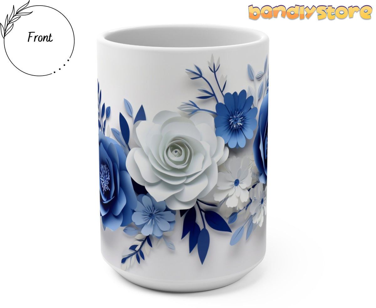 Blue Floral 3D Paper Art Mug front view on a plain white background.