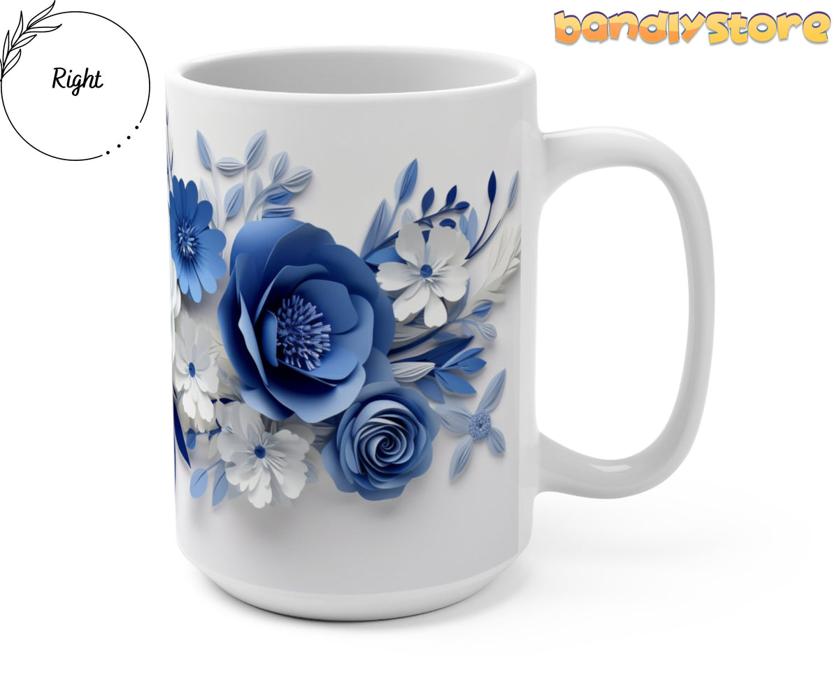 Blue Floral 3D Paper Art Mug on plain white background, side angle with handle on the right.