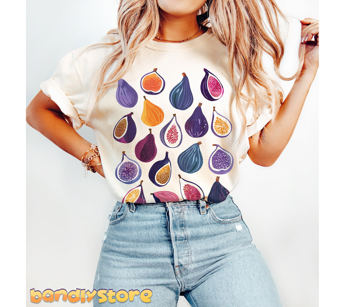 Boho Fig T-Shirt in ivory on a person front-facing in jeans against a plain white background.