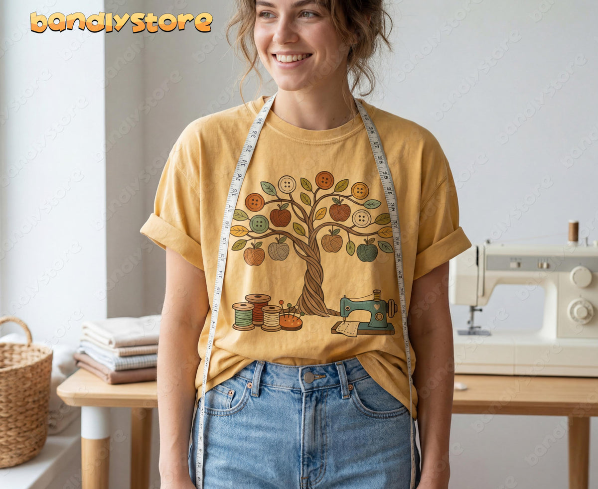 Boho Sewing T-Shirt in yellow on woman facing forward in sewing room with machine and fabric stacks in Mustard