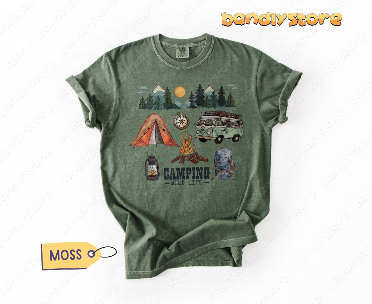 Happy Camper T-Shirt in Moss laid flat on white background with tent, camper van, fire and backpack design.