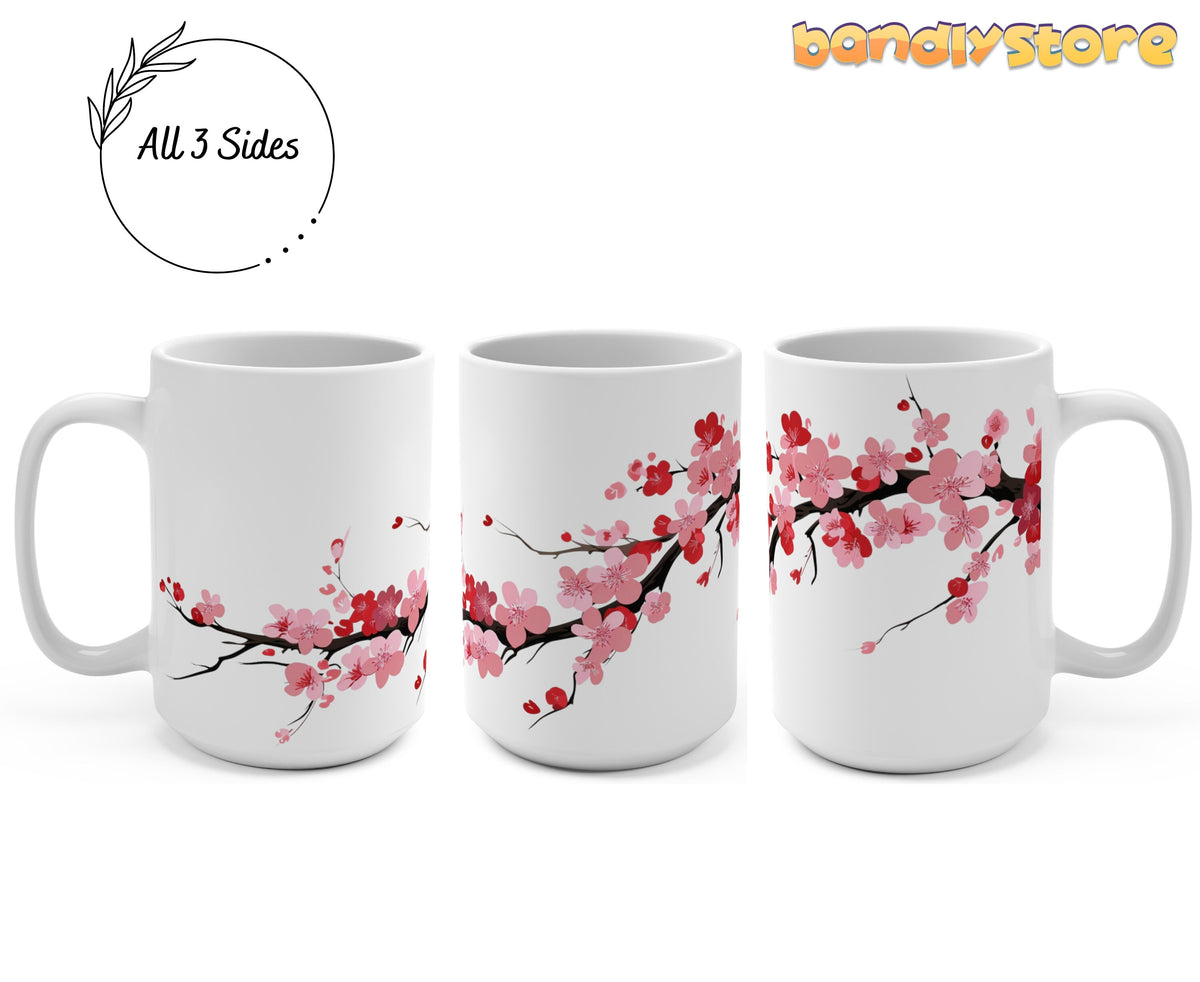 Cherry Blossom Mug shown in 15oz size from three angles on white, pink-red branch wrap-around.