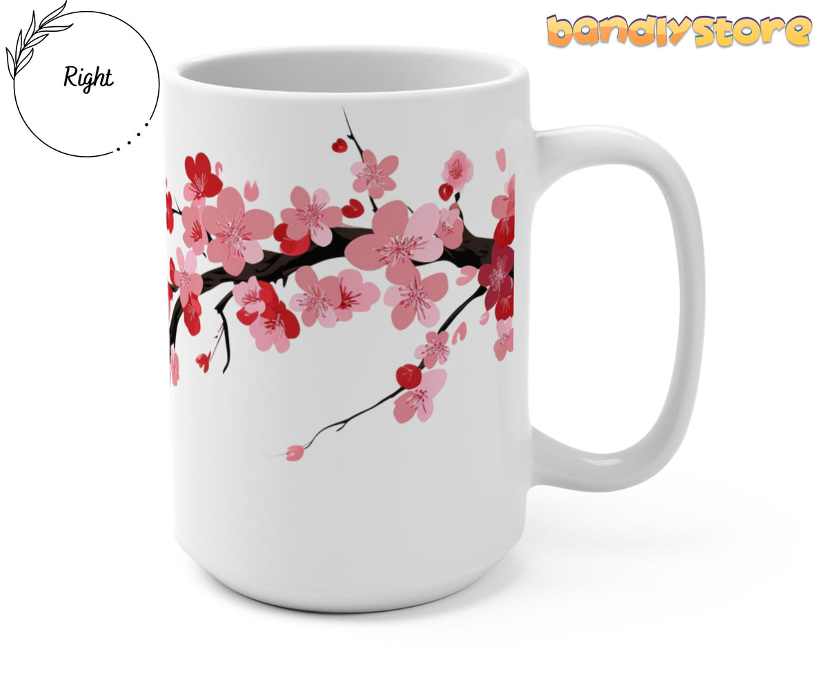 Cherry Blossom Mug angled to show right handle and blossom branch on white background beside Right label and logo.