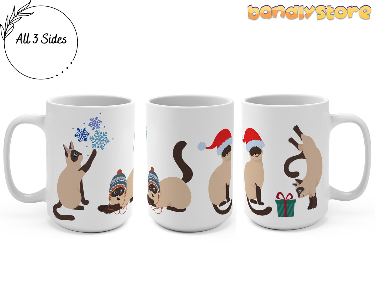 Christmas Siamese Cat Mug shown from three angles revealing all sides of the 15oz mug with Siamese cat Christmas designs