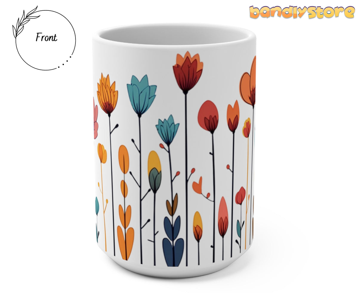 Colorful Doodle Wildflowers Mug front view upright on plain white background with no other objects.