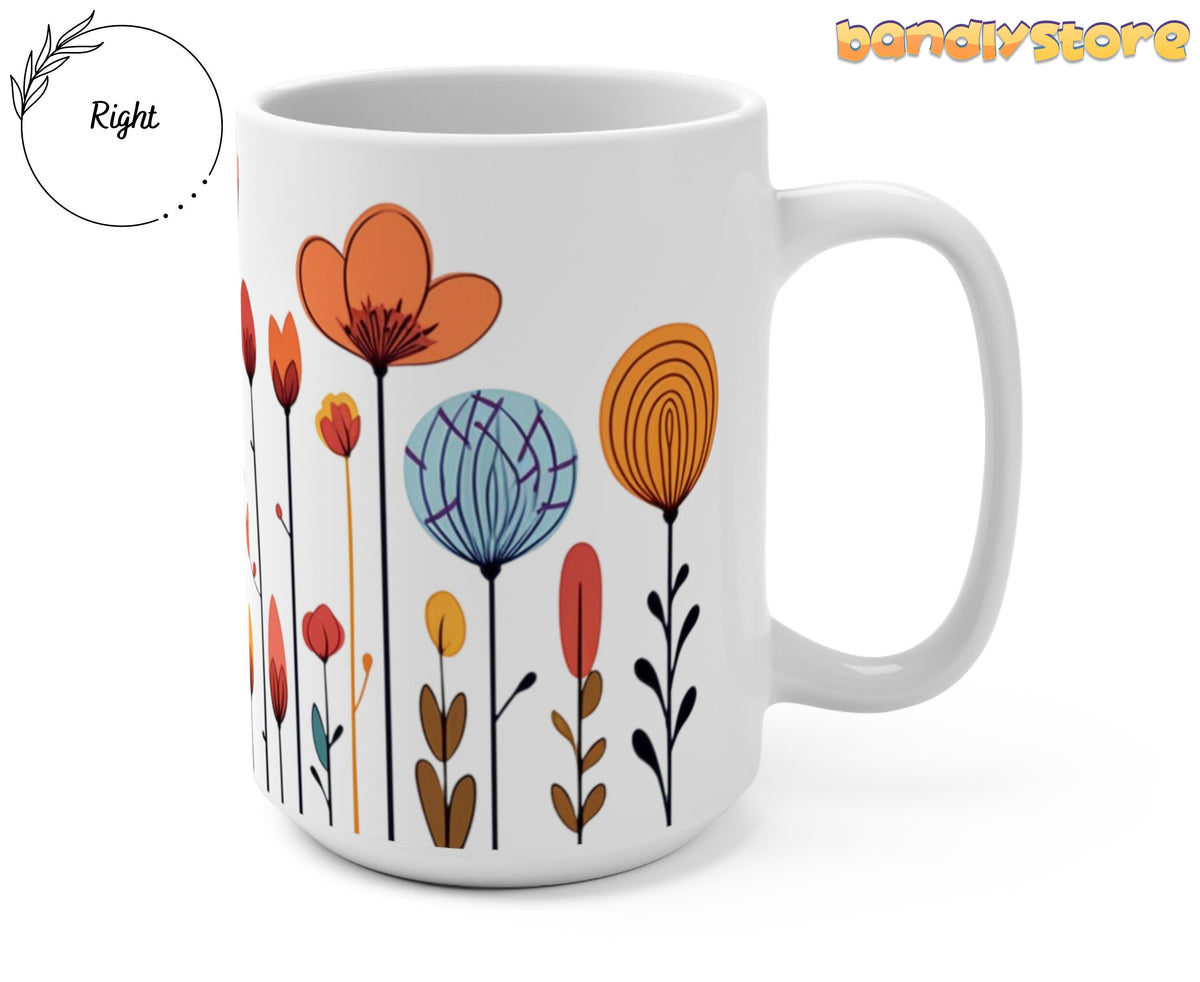 Colorful Doodle Wildflowers Mug angled on a white background with handle to the right.