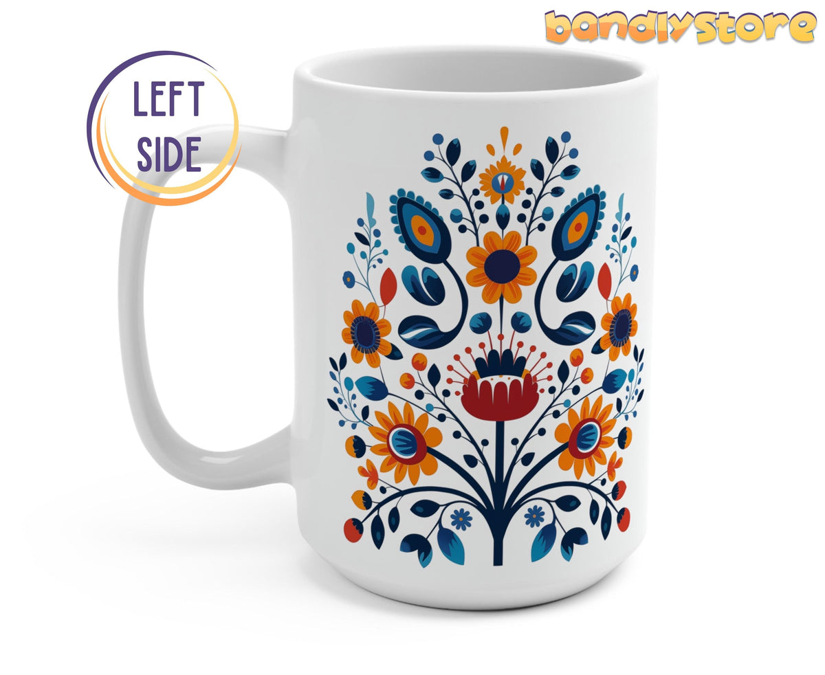 Colorful Floral Mug shown from left side on plain white, handle left, folk floral print in blue, orange and red.