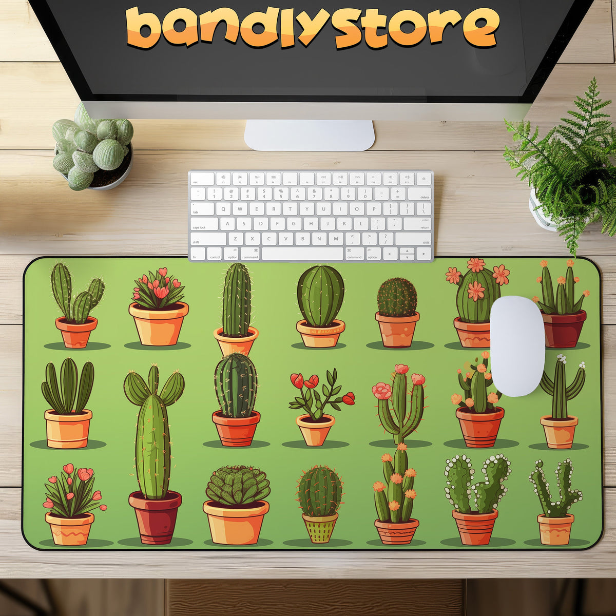 Cute Cactuses Desk Mat on wooden desk from above with keyboard, mouse, monitor and plants.