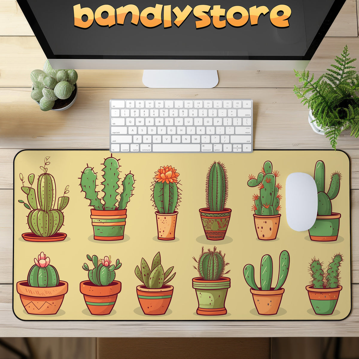 Cute Cactuses Desk Mat top-down on a wood desk with keyboard, mouse, monitor and side plants.