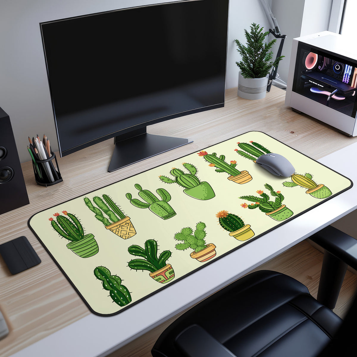 Cute Cartoon Cactus Desk Mat on a wooden desk under a monitor, mouse on it near a plant and PC.