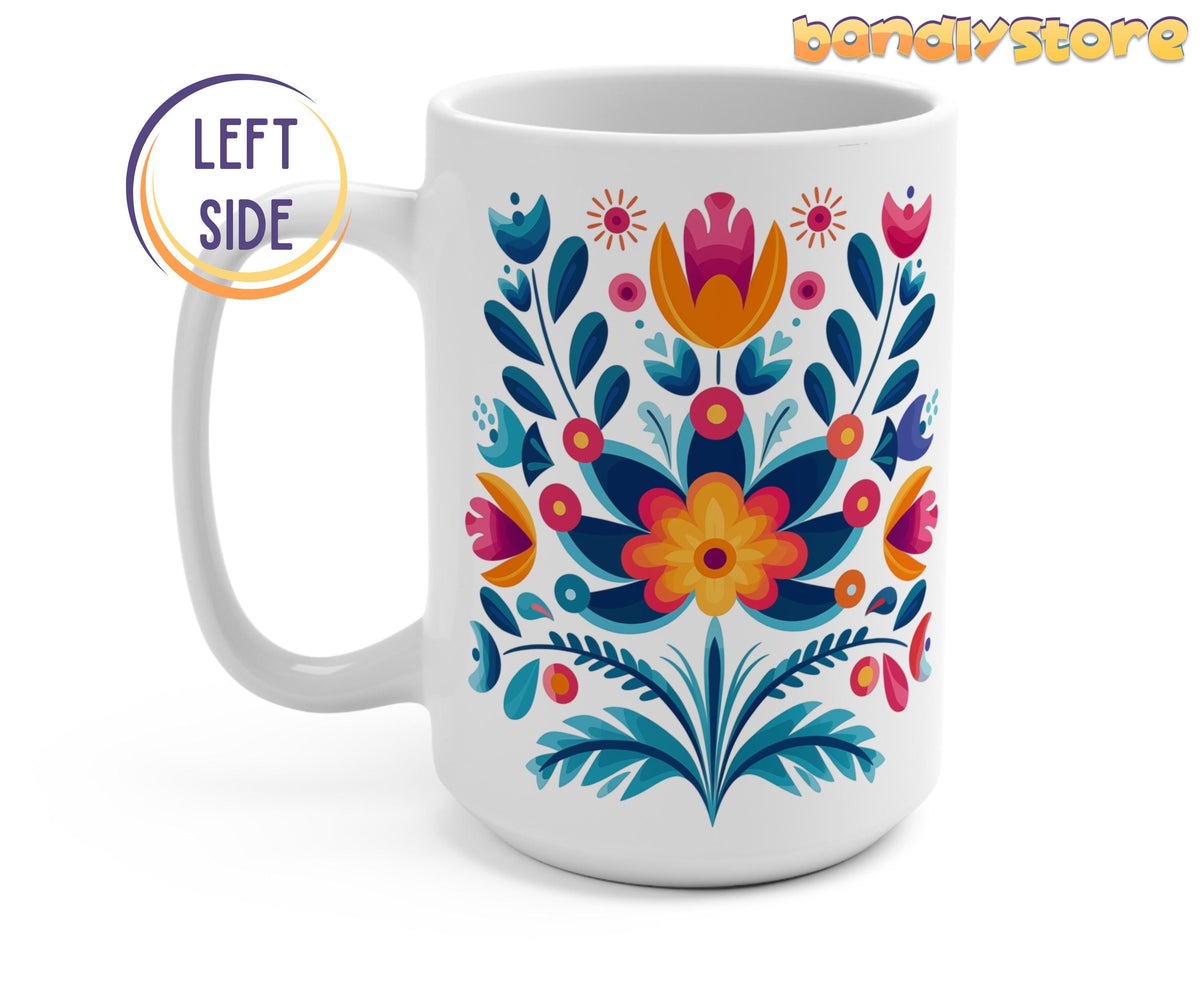 Cute Floral Mug shown left-side on white, handle left, colorful folk-floral print.