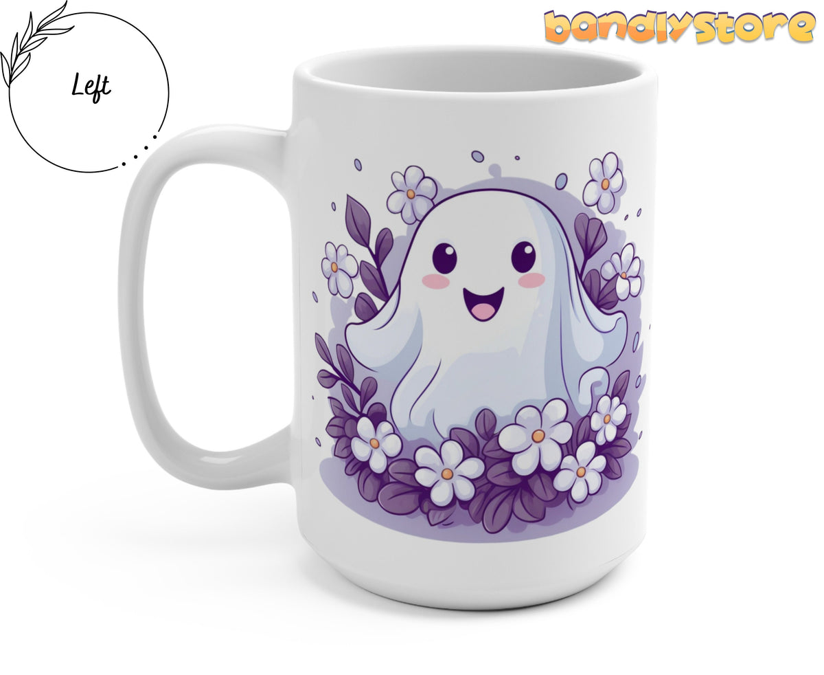 Cute Flower Ghost Mug on plain white background, angled to show left handle beside a Left circle label.
