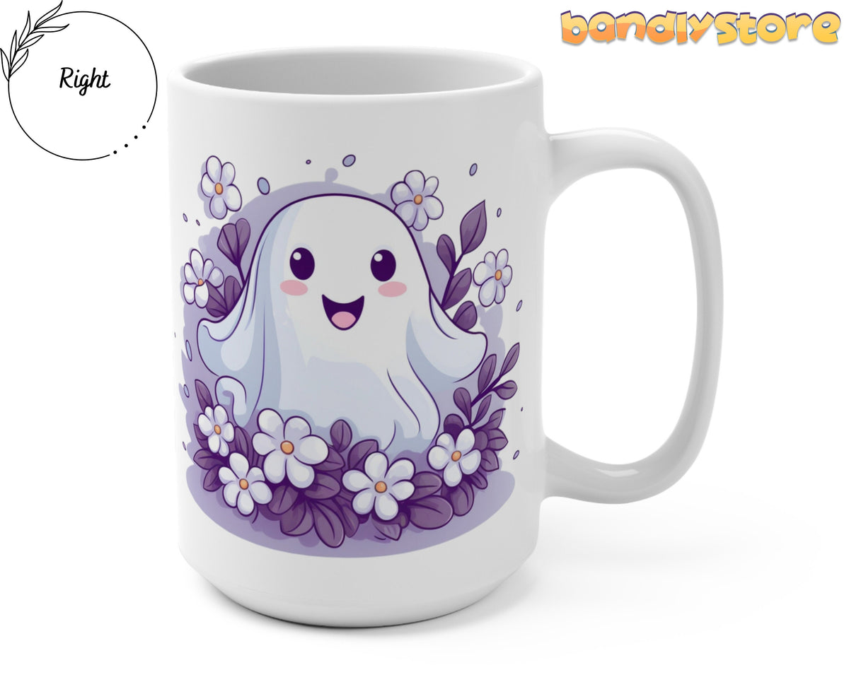 Cute Flower Ghost Mug against a white background at a slight angle revealing the right handle beside a labeled Right circle.