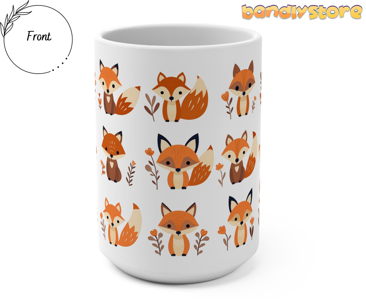 Cute Foxes Mug upright front view on plain white background with side label.