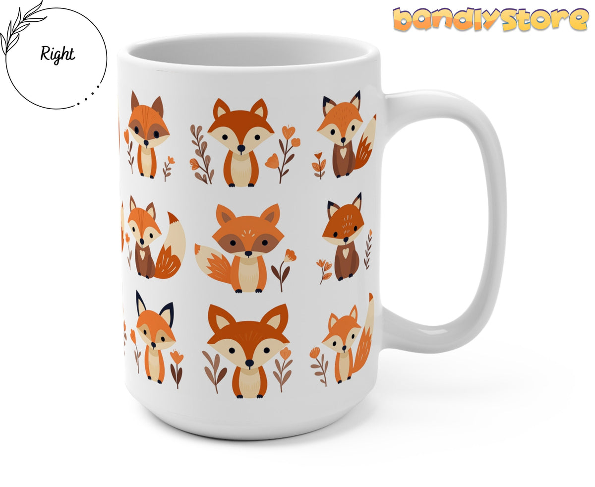 Cute Foxes Mug on plain white background in front angle with right-side handle and Right label nearby.