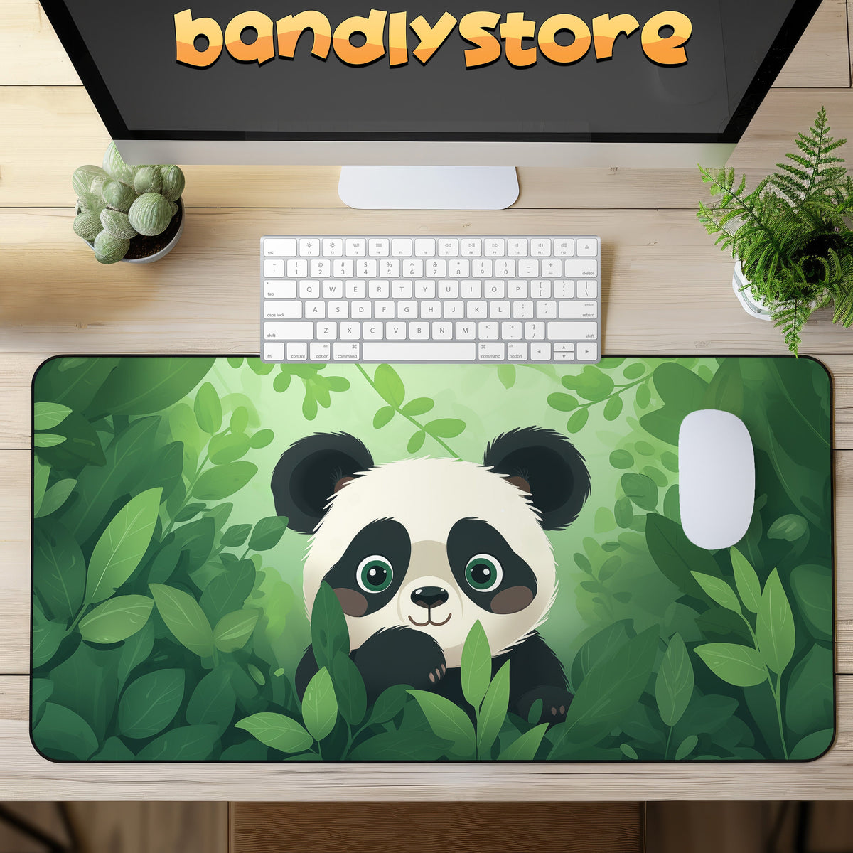 Cute Kawaii Panda Desk Mat shown in overhead view on a wooden desk with a monitor, keyboard, mouse and potted plants.