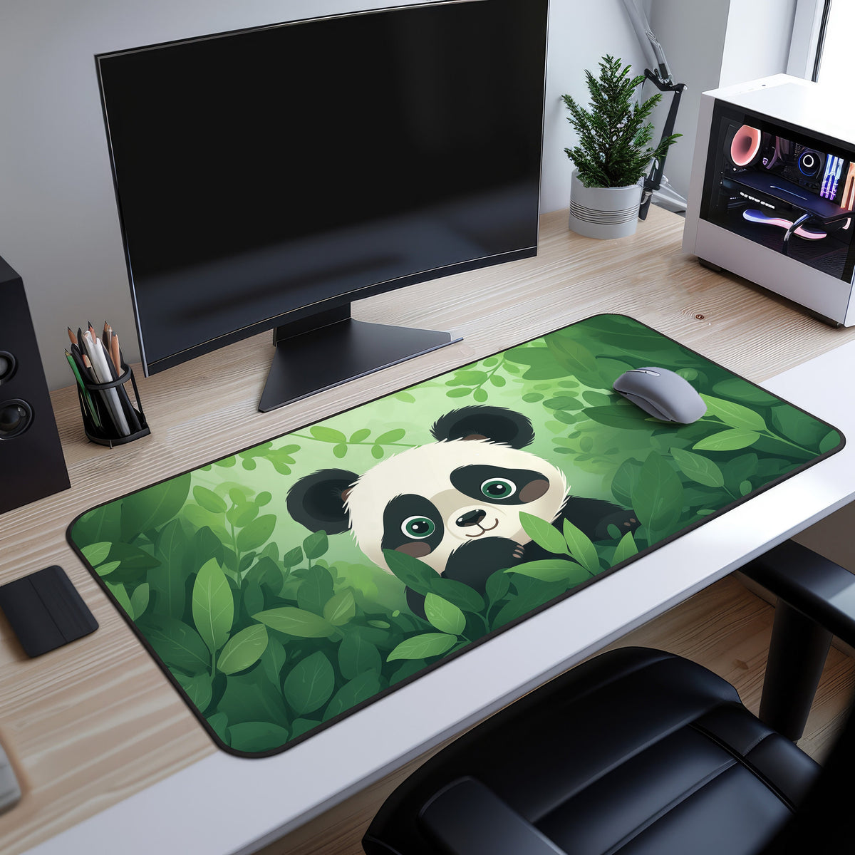 Cute Kawaii Panda Desk Mat on a wood desk under a monitor, with mouse, plant and PC beside it, angled view.