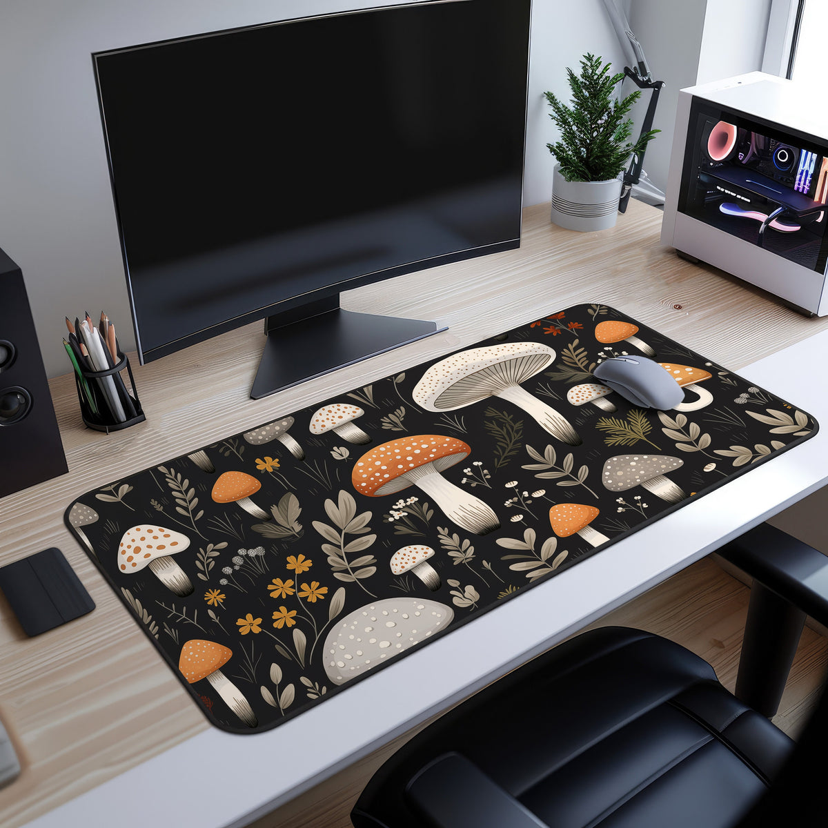 Cute Mushroom Desk Mat on a wooden desk under a monitor, with mouse, plant and PC case beside it.
